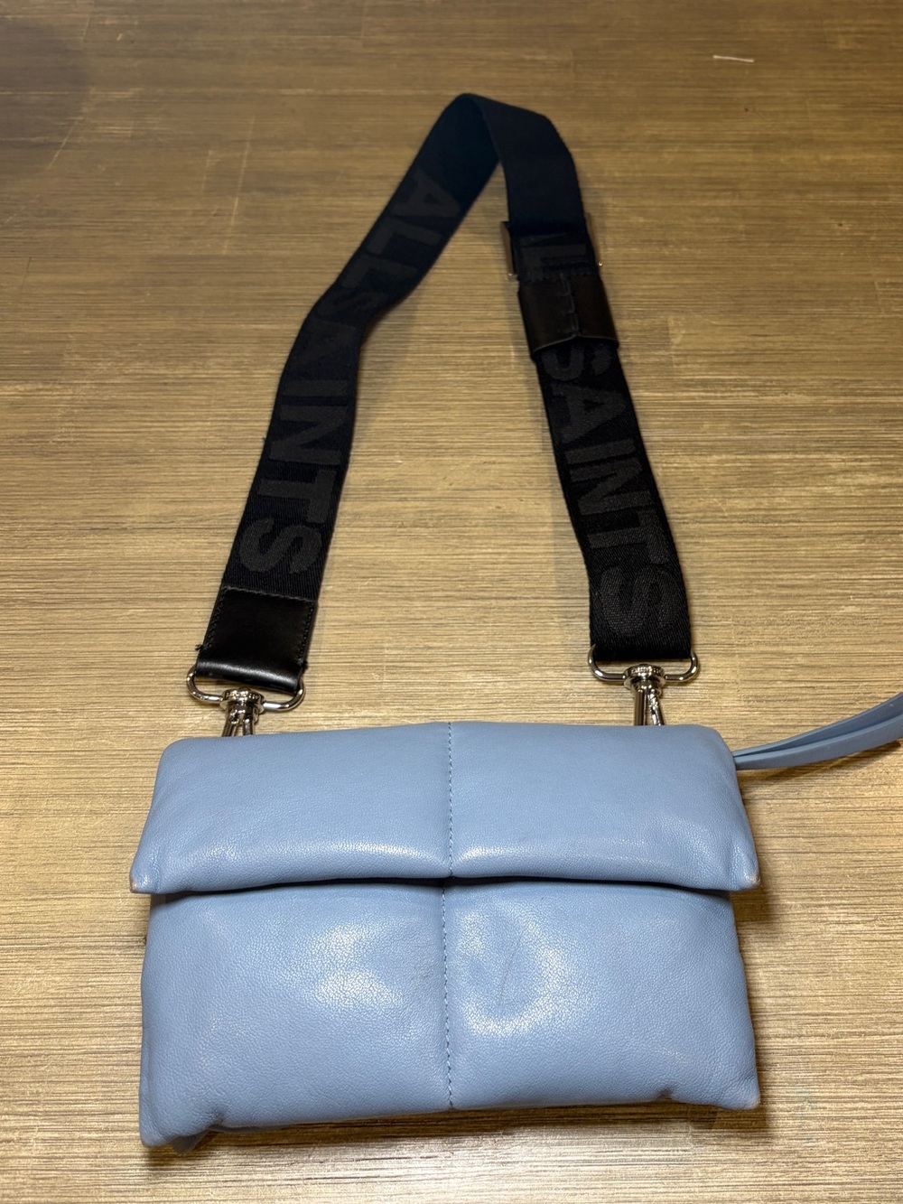 All Saints Ezra leather quilted Crossbody Bag in denim gray color